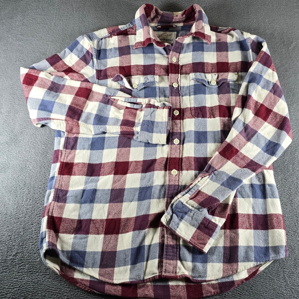 American Eagle Mens Small Plaid Flannel Shirt Burgundy Blue Long Sleeve ButtonUp